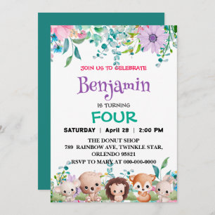 Cute Floral zoo jungle Animals Birthday girls kids Invitation