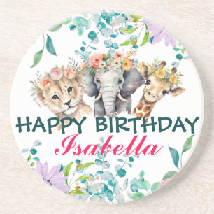 Cute Floral zoo jungle Animals Birthday Welcome  Coaster