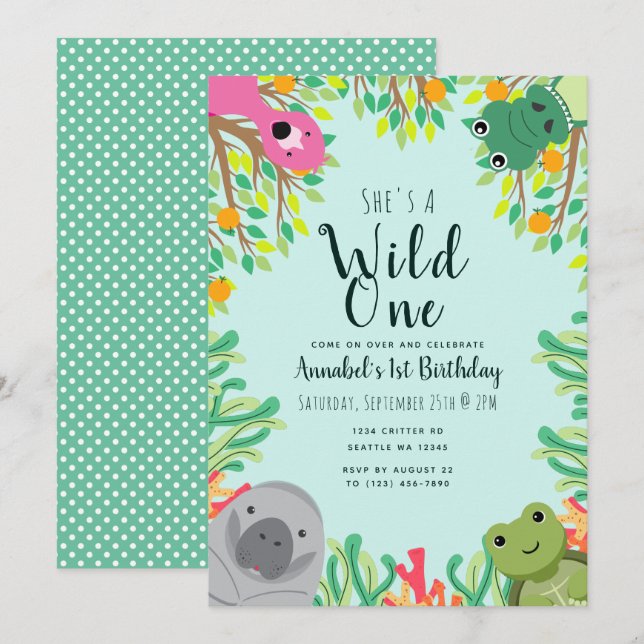Cute Florida Animals Wild One Kids Birthday  Invitation (Front/Back)