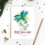 Cute Florida Santa Watercolor Christmas  Card<br><div class="desc">This beach theme watercolor Christmas card features a palm tree and Santa on the beach. The words Merry Beach-mas are set in a hand lettered typography. The inside is blank for you to add your personalised greeting. Order printed cards, bulk orders or a printable Christmas card. To see more tropical...</div>