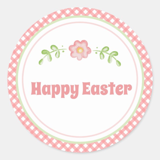 Cute Flower and Coral Pink Gingham Easter Classic Round Sticker (Front)