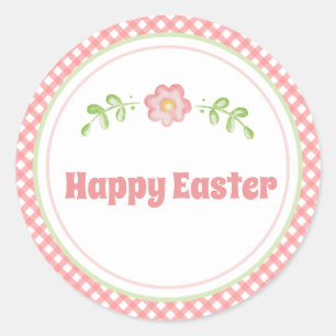 Cute Flower and Coral Pink Gingham Easter Classic Round Sticker