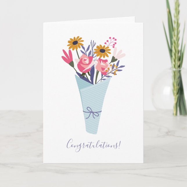 Cute Flower Bouquet Minimalist Blue Congratulation Card (Front)