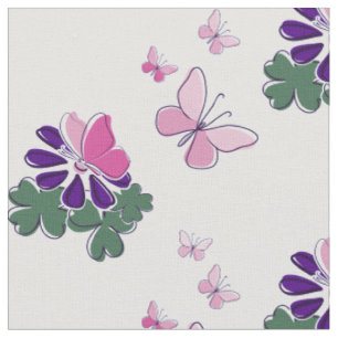 Cute Flower Butterflies Doodle Green Purple Pink Fabric