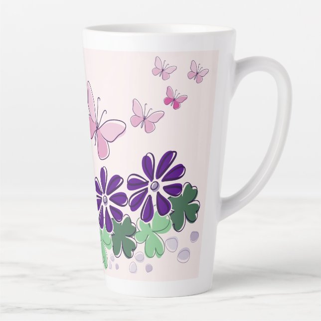 Cute Flower Butterflies Doodle Name Latte Mug (Right)