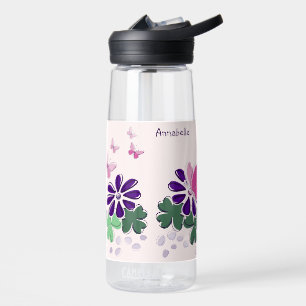 Cute Flower Butterflies Doodle Name Water Bottle