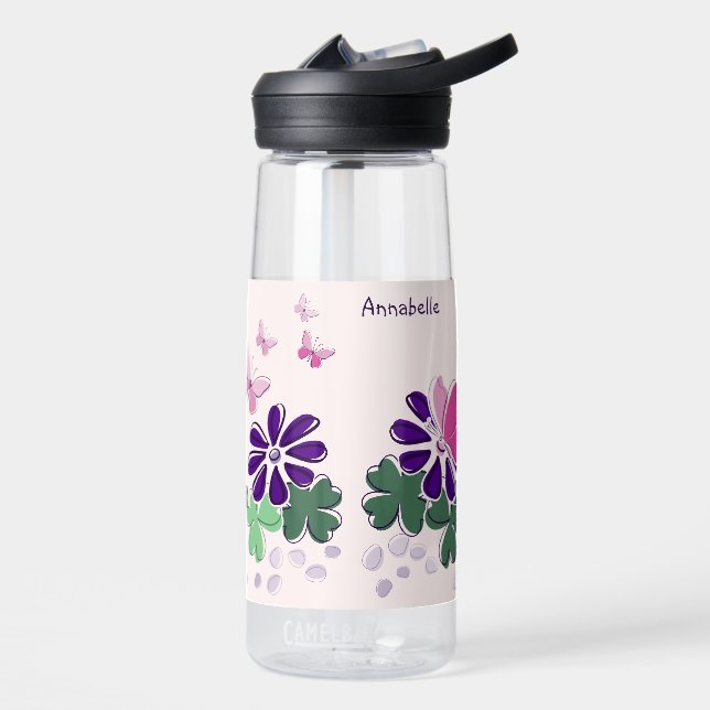 Cute Flower Butterflies Doodle Name Water Bottle (Left)
