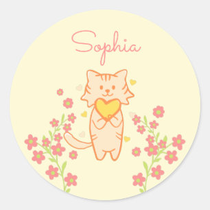 Cute Flower Cat and Heart Classic Round Sticker
