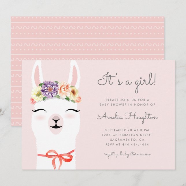 Cute Flower Crown & Llama Girl Baby Shower Invitation (Front/Back)