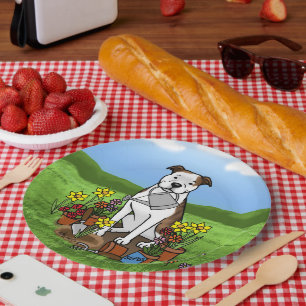 Cute Flower Gardener Pit Bull (lt brindle white 3) Paper Plate