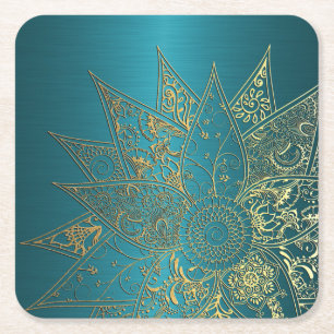 Cute flower henna hand drawn design square paper coaster