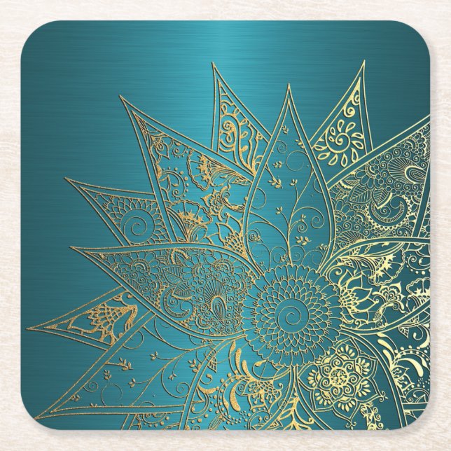Cute flower henna hand drawn design square paper coaster (Front)