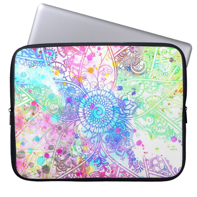 Cute flower henna hand drawn design watercolors laptop sleeve (Front)