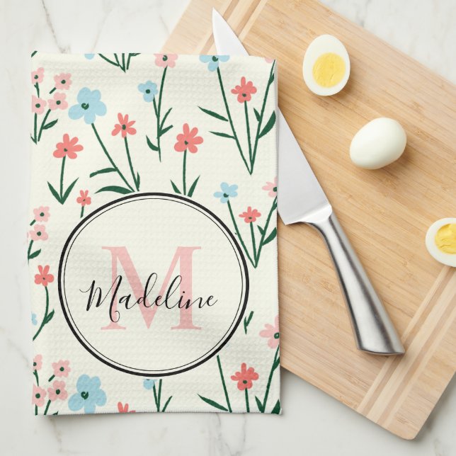Cute Flower Ivory White Elegant Pink Monogram Tea Towel (Quarter Fold)