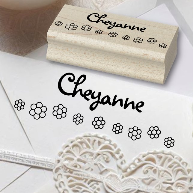 Cute Flower Line Pattern Personalised Name Text Rubber Stamp (Creator Uploaded)