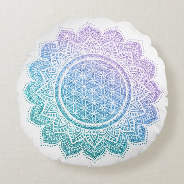 Cute flower of life Mandala glitter meditation Round Cushion (Front)
