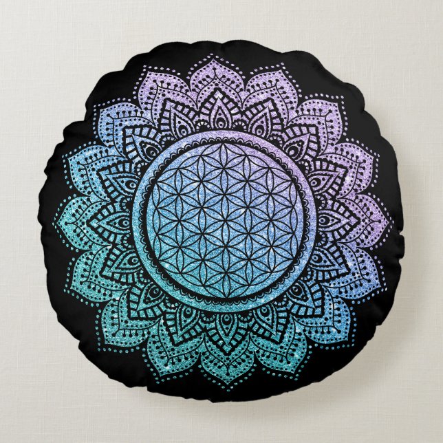 Cute flower of life Mandala glitter meditation  Round Cushion (Front)
