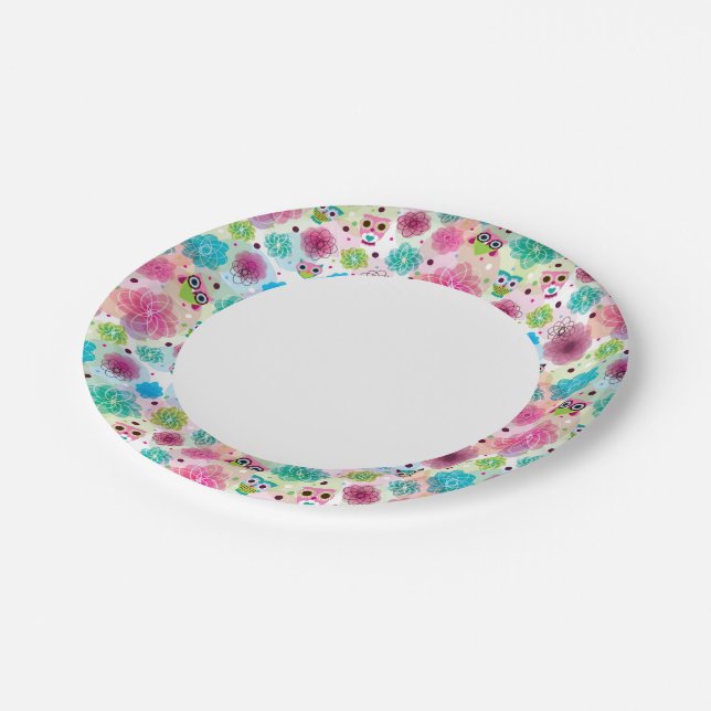 Cute flower owl background pattern paper plate (Angled)