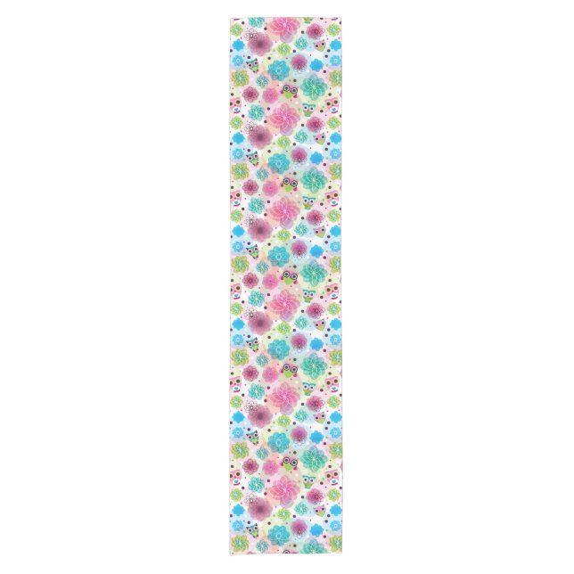 Cute flower owl background pattern short table runner (Front)