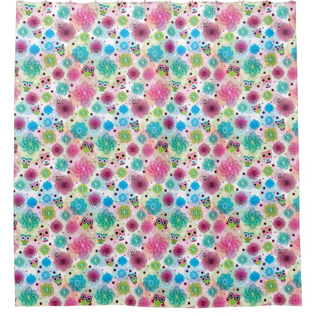 Cute flower owl background pattern shower curtain (Front)