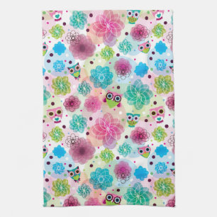 Cute flower owl background pattern tea towel