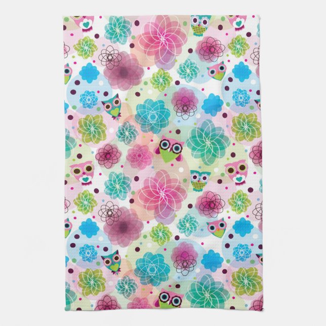 Cute flower owl background pattern tea towel (Vertical)