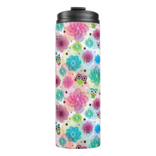 Cute flower owl background pattern thermal tumbler