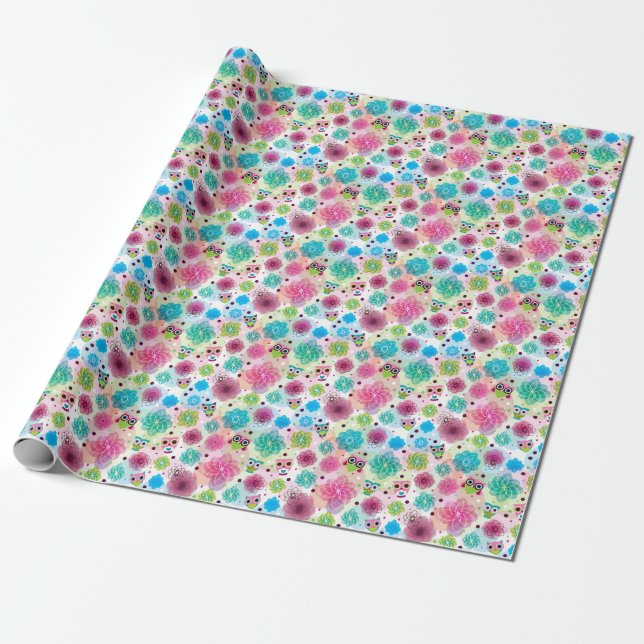 Cute flower owl background pattern wrapping paper (Unrolled)
