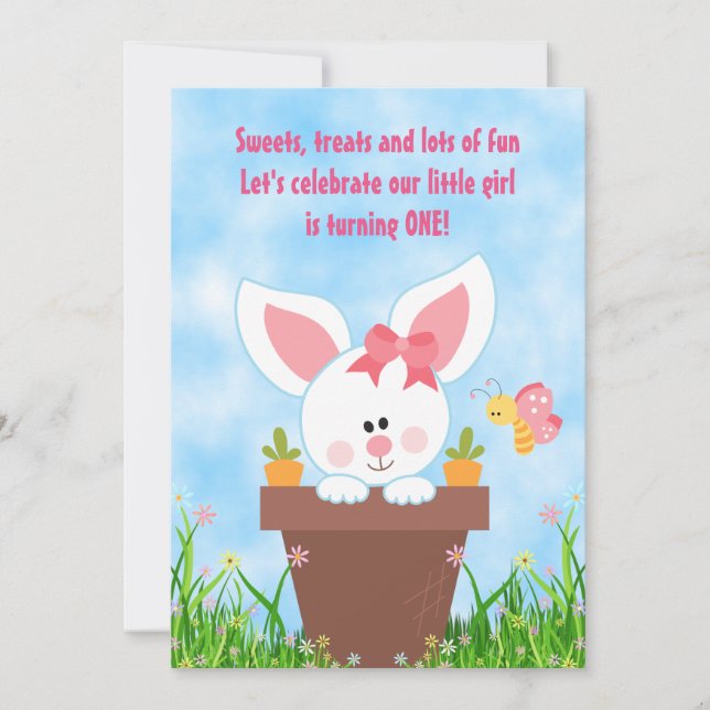 Cute Flower Pot Bunny 1st Birthday Invitations (Front)