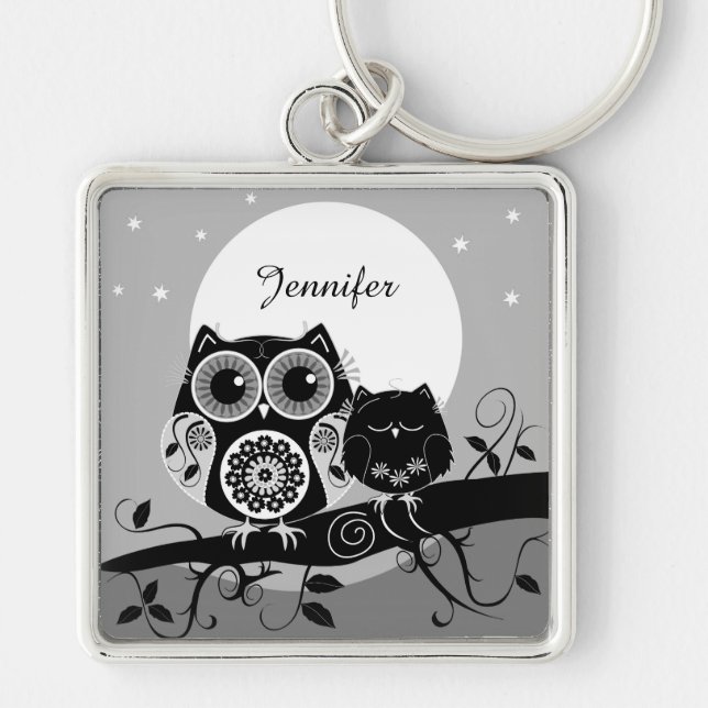 Cute Flower power Owls & custom name Keychain (Front)