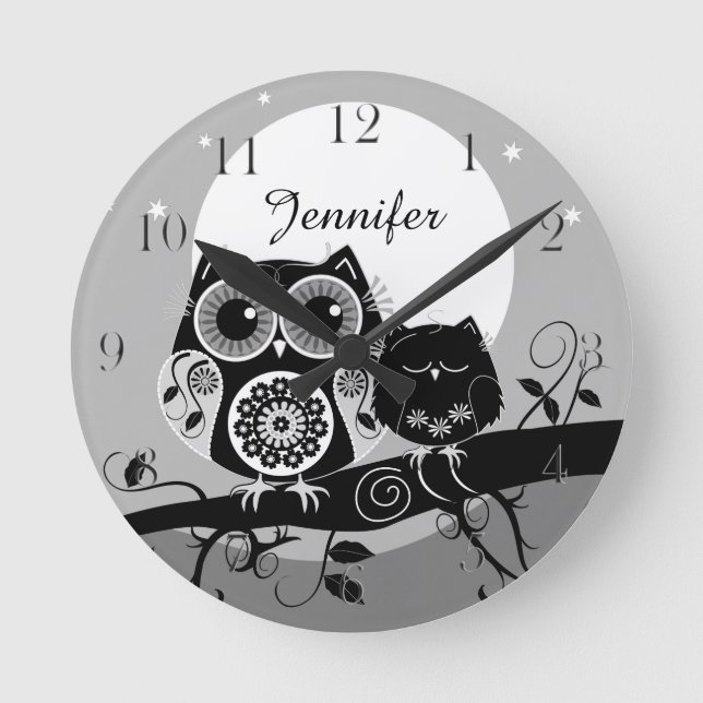 Cute Flower power Owls & custom name Round Clock (Front)