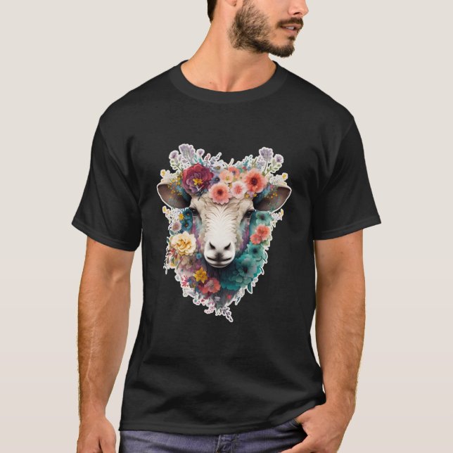 Cute Flower Sheep On Summer Floral Sheep T-Shirt (Front)