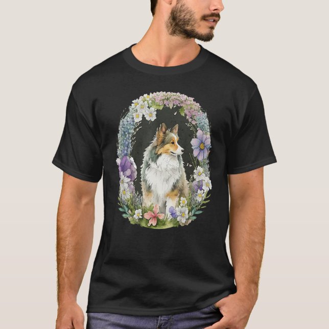 Cute Flower Sheltie summer Floral Shetland Sheepdo T-Shirt (Front)
