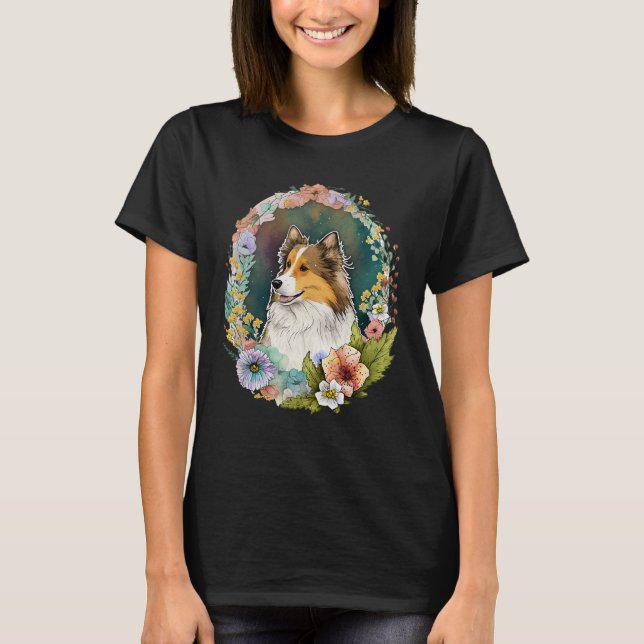 Cute Flower Sheltie summer Floral Shetland Sheepdo T-Shirt (Front)