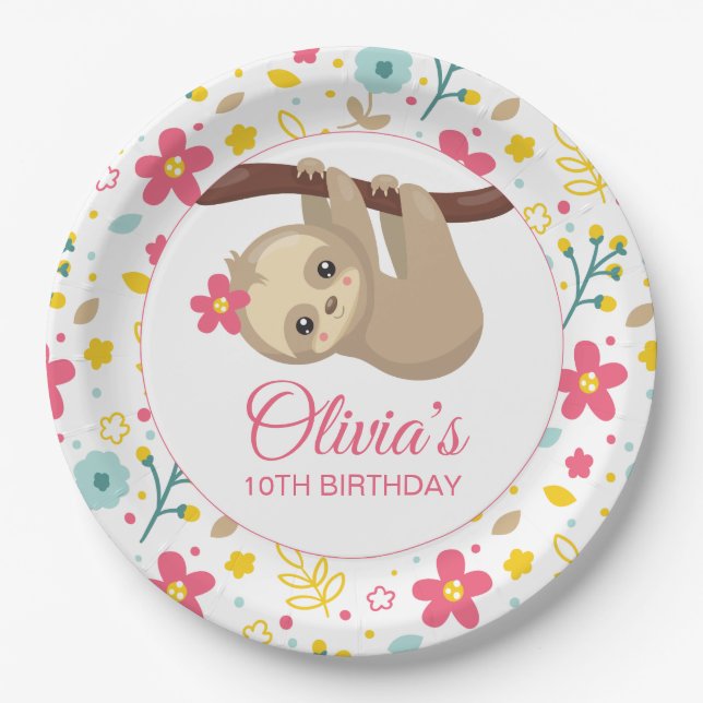 Cute Flower Sloth Birthday Party Plate (Front)
