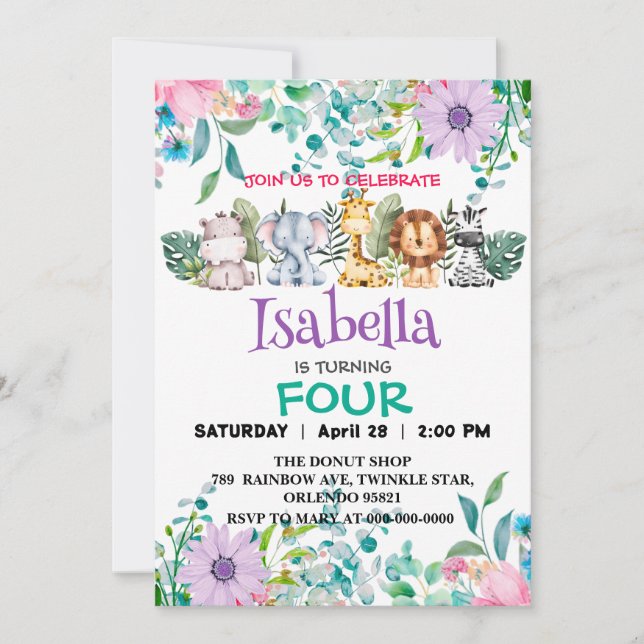 Cute Flower zoo jungle Animals Birthday for kids Invitation (Front)