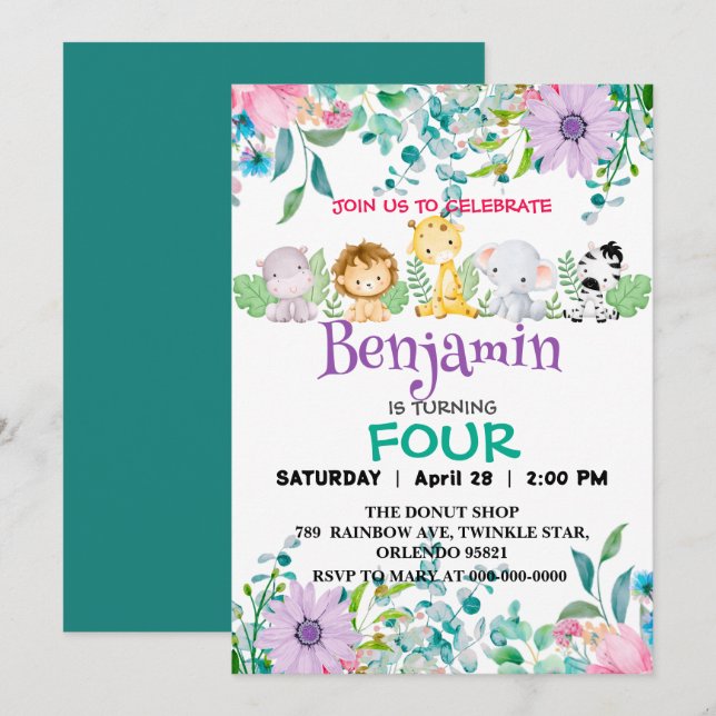Cute Flower zoo jungle Animals Birthday girly Invitation (Front/Back)