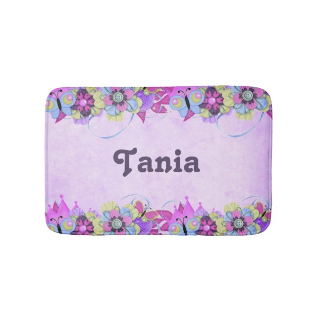 Cute flowers and butterflies on pink bath mat (Front)