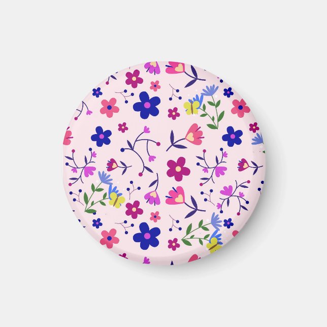 Cute Flowers and Butterflies on Pink Magnet (Front)