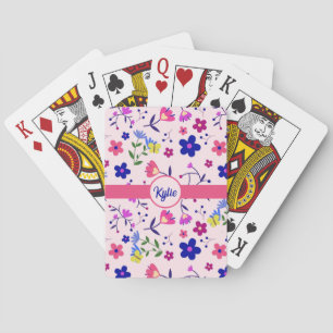 Cute Flowers and Butterflies on Pink Playing Cards