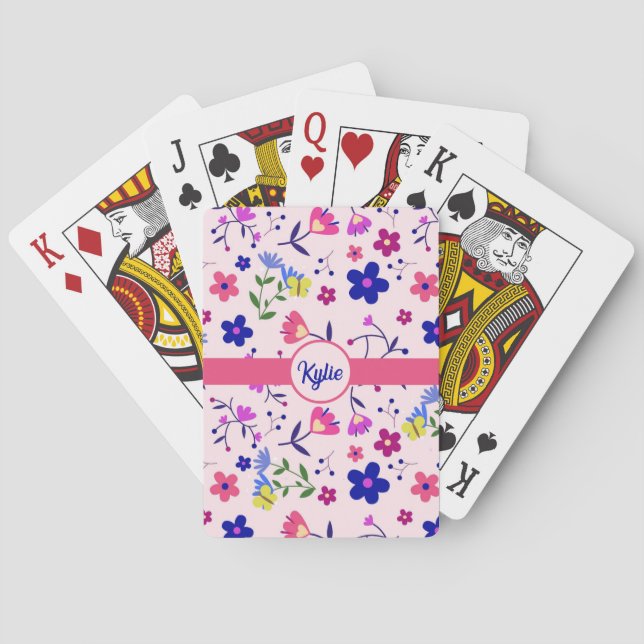 Cute Flowers and Butterflies on Pink Playing Cards (Back)