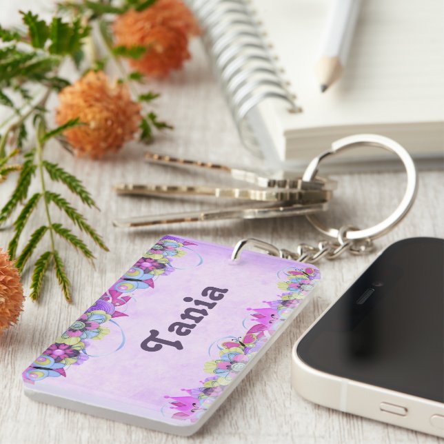 Cute flowers and butterflies on purple key ring (Front Right)