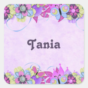 Cute flowers and butterflies on purple square sticker