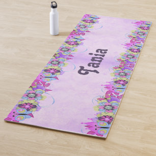 Cute flowers and butterflies on purple yoga mat