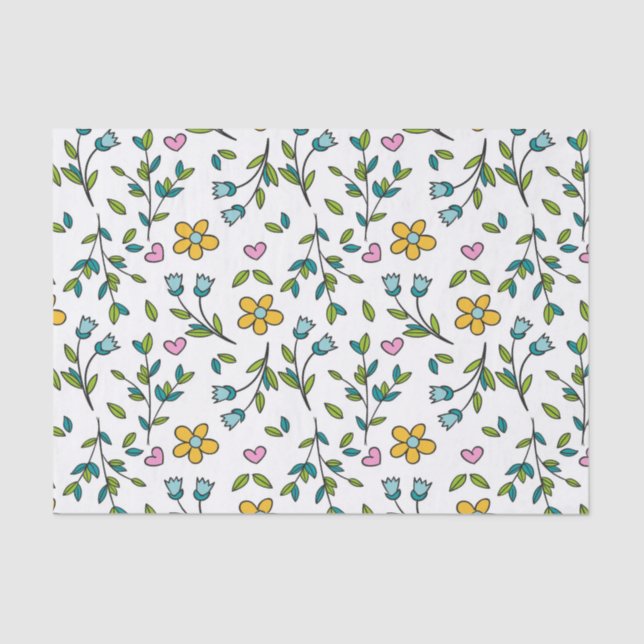 Cute Flowers and Hearts Light Pattern Tissue Paper (Front)