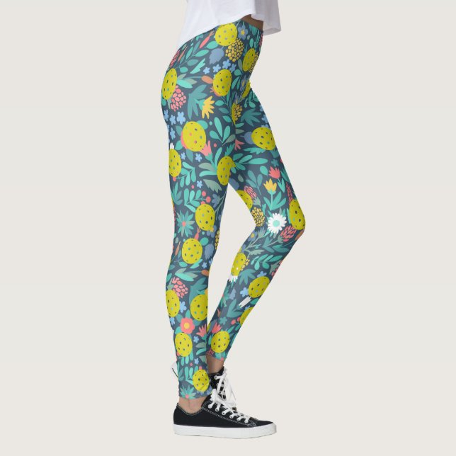 Cute Flowers And Leaves Fun Colourful Pickleball Leggings (Right)
