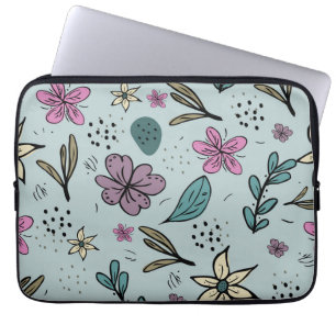 Cute Flowers and Leaves illustrated Pattern Blue Laptop Sleeve