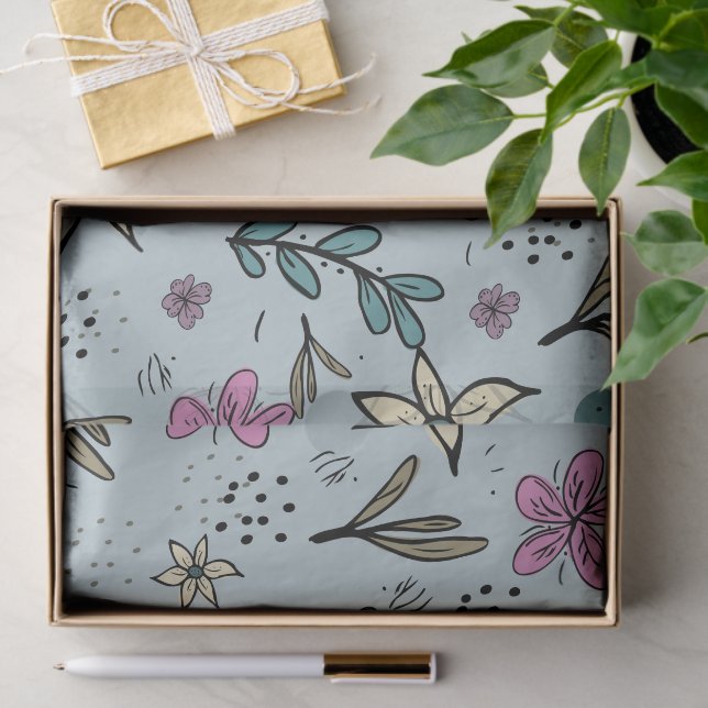 Cute Flowers and Leaves illustrated Pattern Blue Tissue Paper (Gift)