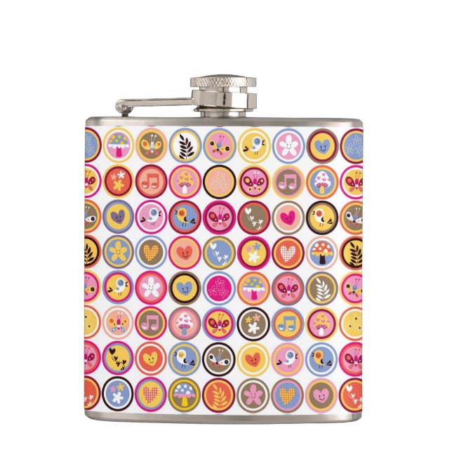 cute flowers, birds, hearts pattern hip flask (Front)