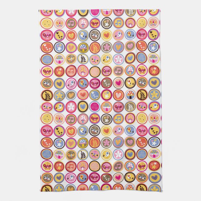 cute flowers, birds, hearts pattern tea towel (Vertical)